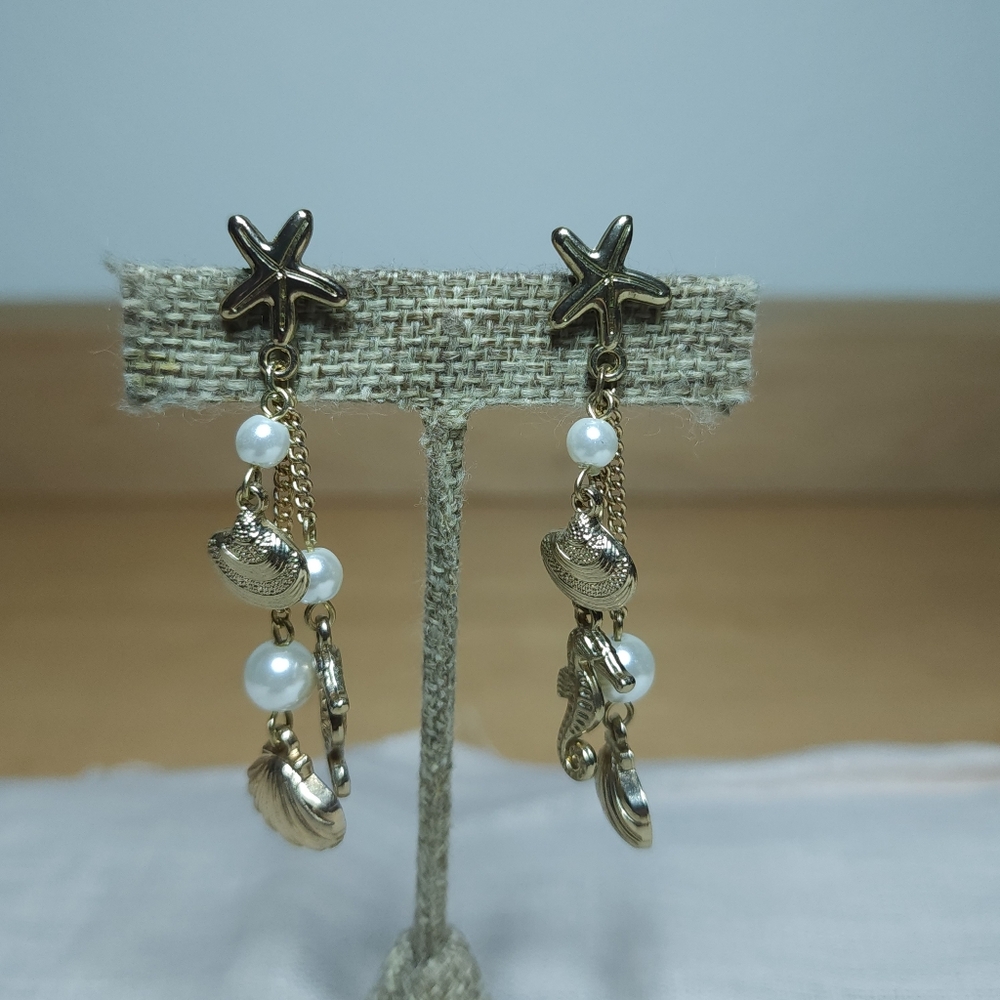 Vintage Gold Starfish Pearl Shell Dangle Earrings Chain Charm Pierced